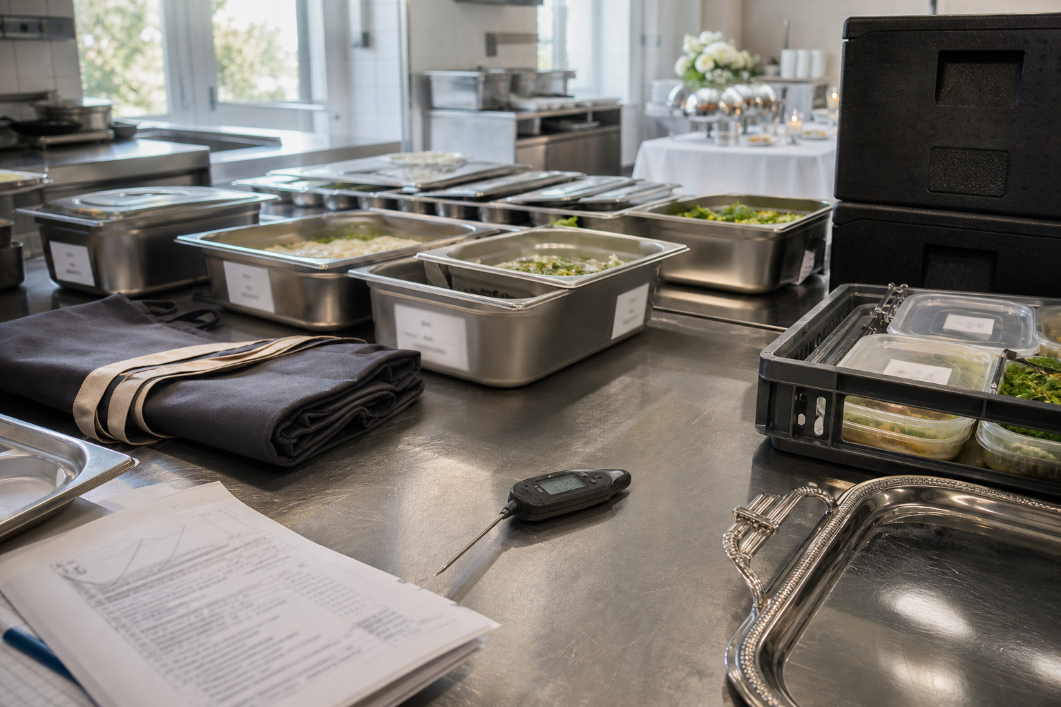 Cuisine professionnelle avec matériel de traiteur, thermomètre sonde, bacs gastro et caisses isothermes pour illustrer l’installation d’un traiteur en France.