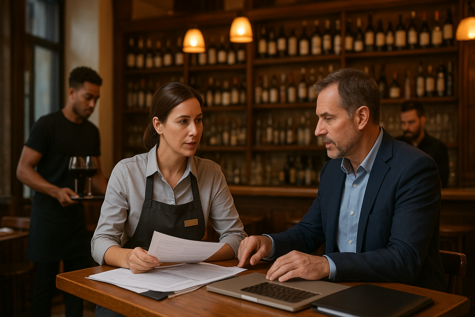 Gérante de restaurant et formateur échangeant sur des documents de licences alcool, dans un bistrot français avec service en salle et bar en arrière-plan