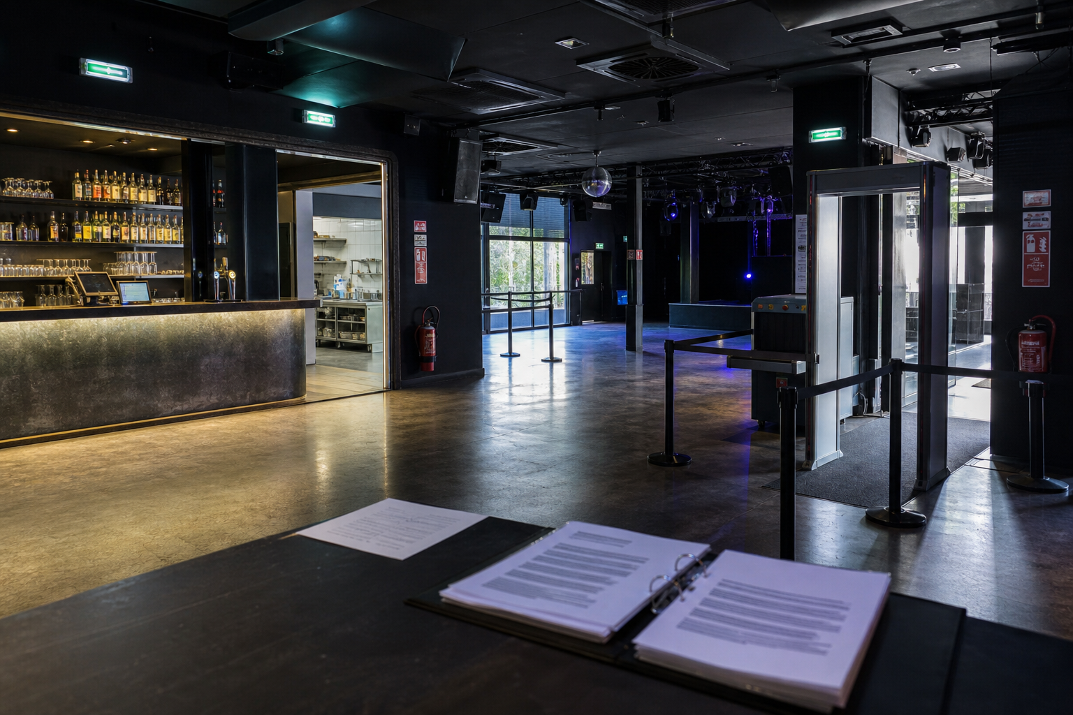 Intérieur vide d’une discothèque en reprise avec bar, signalétique de sécurité incendie, circulation accessible et ambiance d’audit de conformité avant réouverture.
