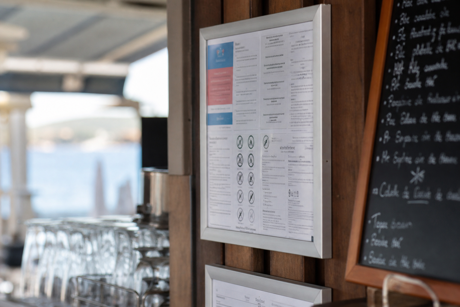 Gros plan sur un affichage réglementaire derrière un comptoir de bar, avec verres et ambiance de salle flous en arrière-plan.