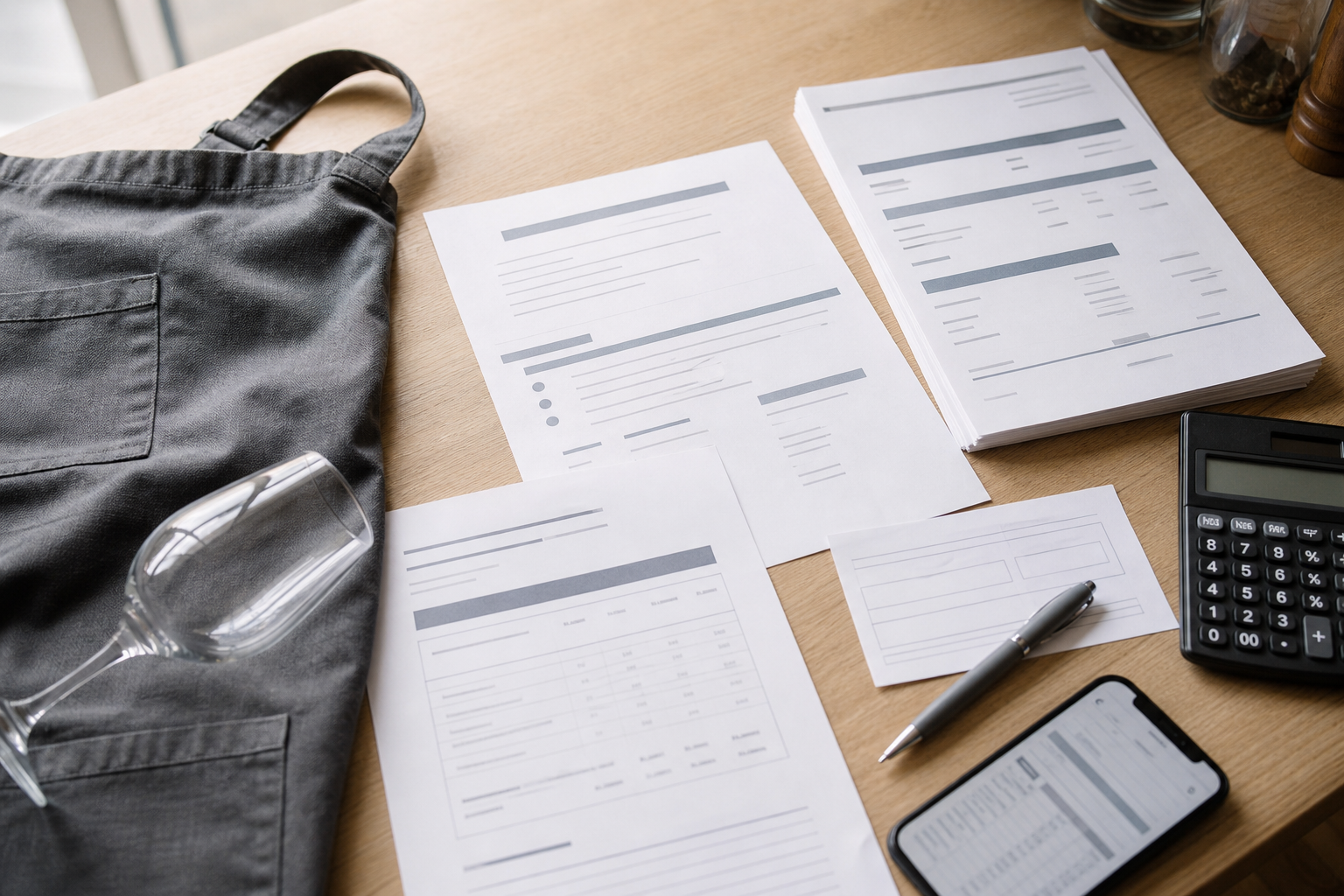 Vue plongeante photo-réaliste d’un bureau RH en CHR avec documents de paie, calculatrice et ancrages de restaurant pour illustrer la transparence des rémunérations.