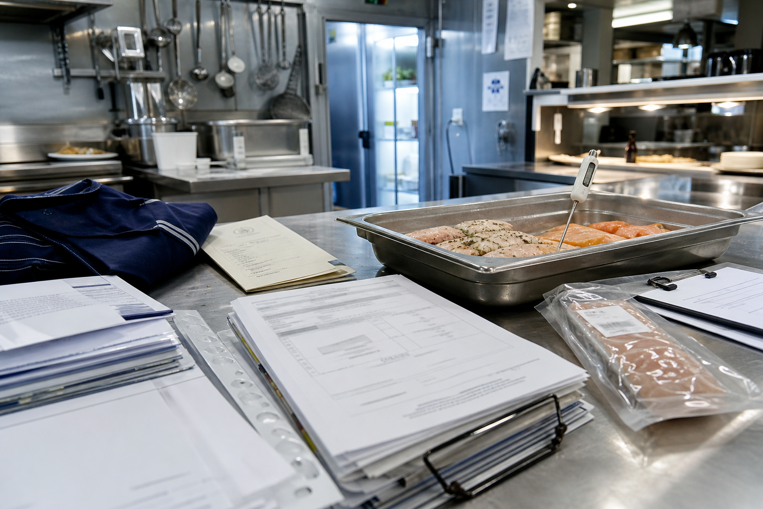 Plan large d’une cuisine professionnelle française avec documents fournisseurs, produits prêts à consommer, thermomètre et dossier de traçabilité pour illustrer la prévention de Listeria.
