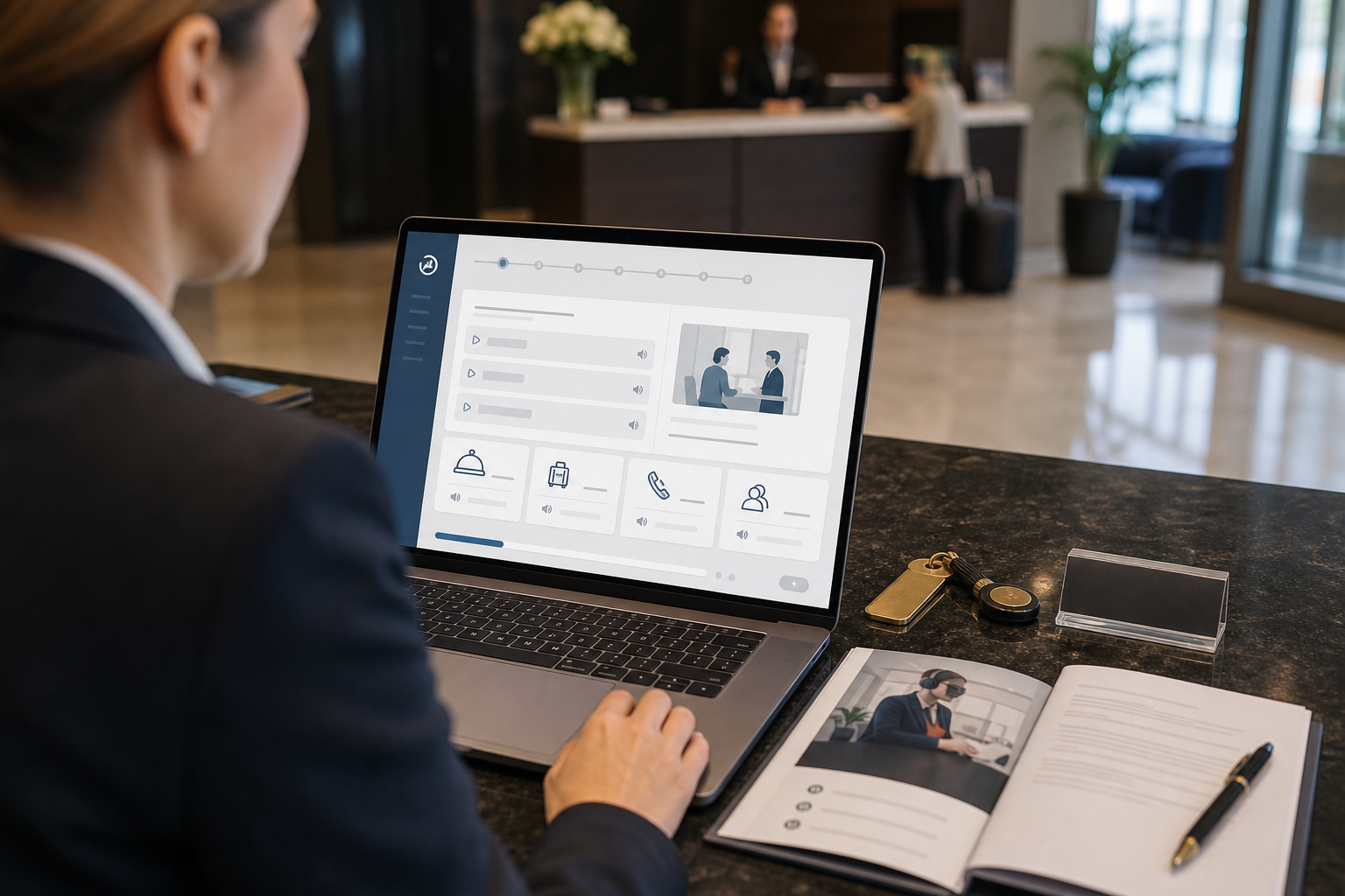 Vue épaule d’un professionnel à la réception d’un hôtel regardant un écran de formation en anglais en e-learning, avec clés, badge et comptoir de réception en arrière-plan.