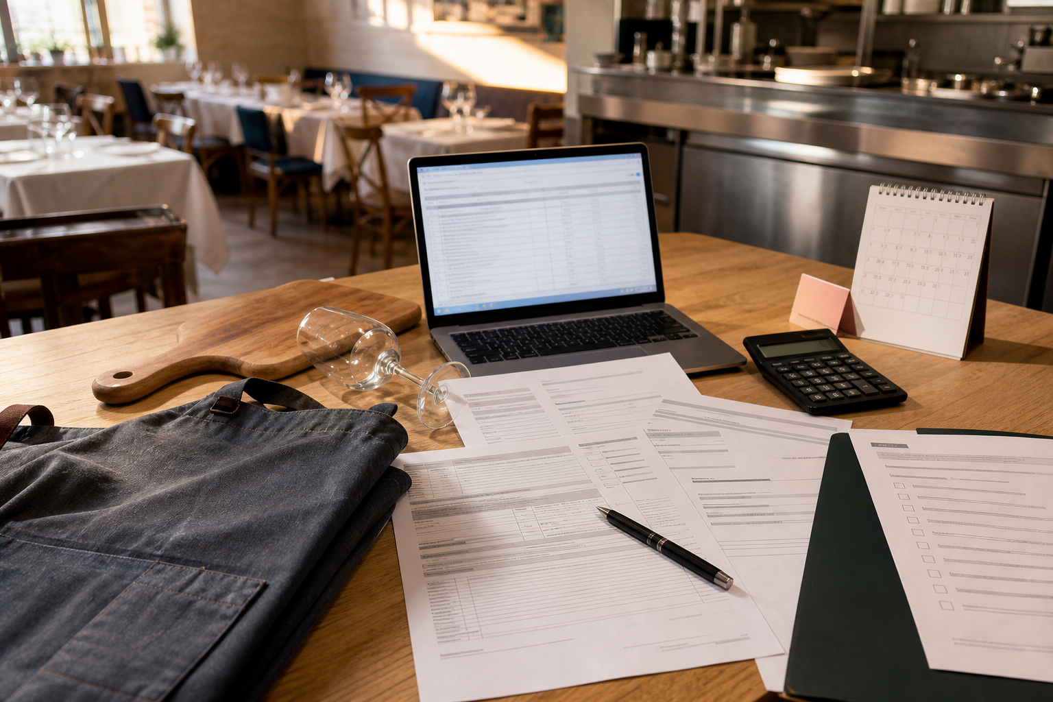 Dossier de reconversion AKTO préparé sur un bureau de formation CHR avec tablier, documents, calculatrice et salle de restaurant floue en arrière-plan.