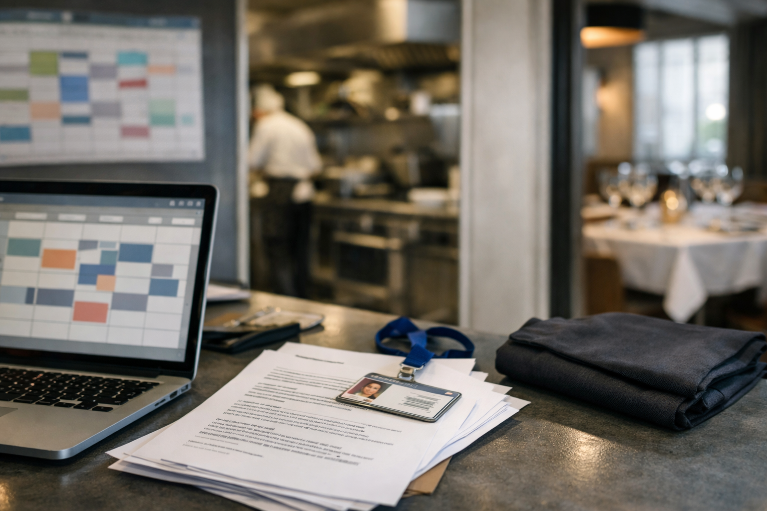 Scène photo-réaliste de coordination RH dans un restaurant français, avec planning, documents d’onboarding et vue cuisine en arrière-plan.