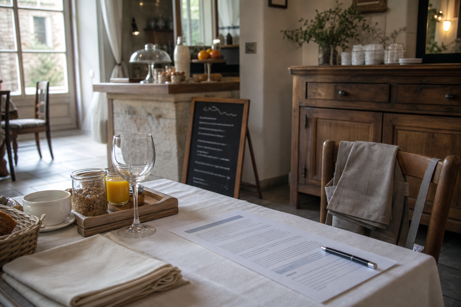 Chambre d’hôtes avec verre de vin, documents administratifs flous et menu de service, illustrant le permis d’exploitation 7h pour servir de l’alcool.