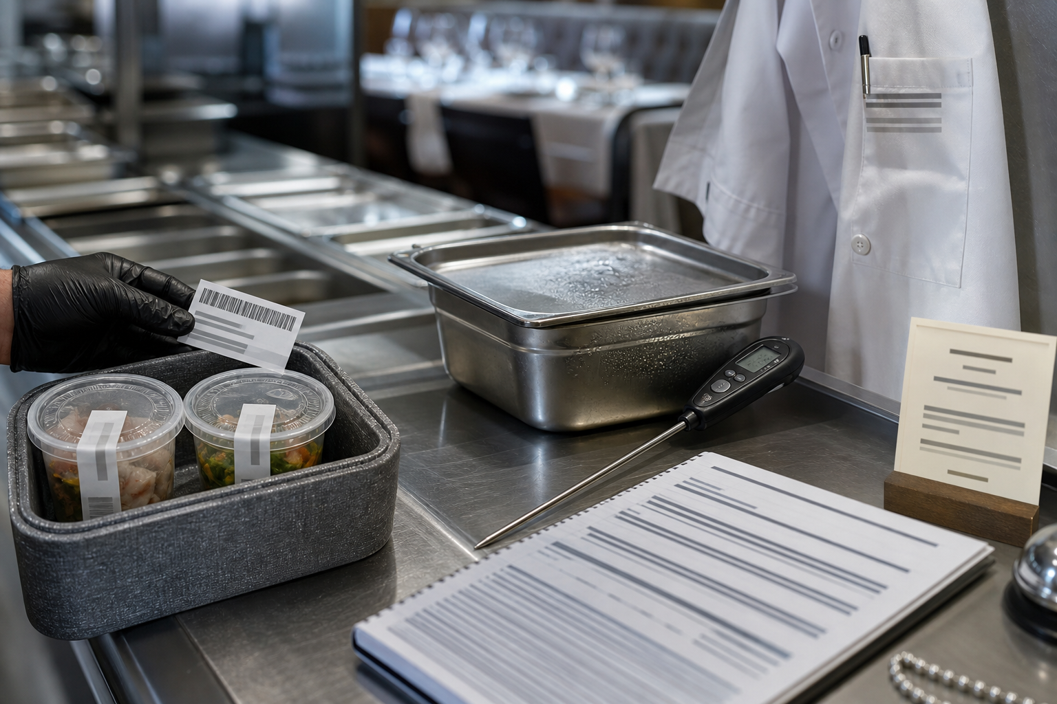 Gros plan d’objets de traçabilité et d’hygiène en cuisine professionnelle après une suspicion de TIAC, avec thermomètre sonde, plats témoins et registre HACCP flou.