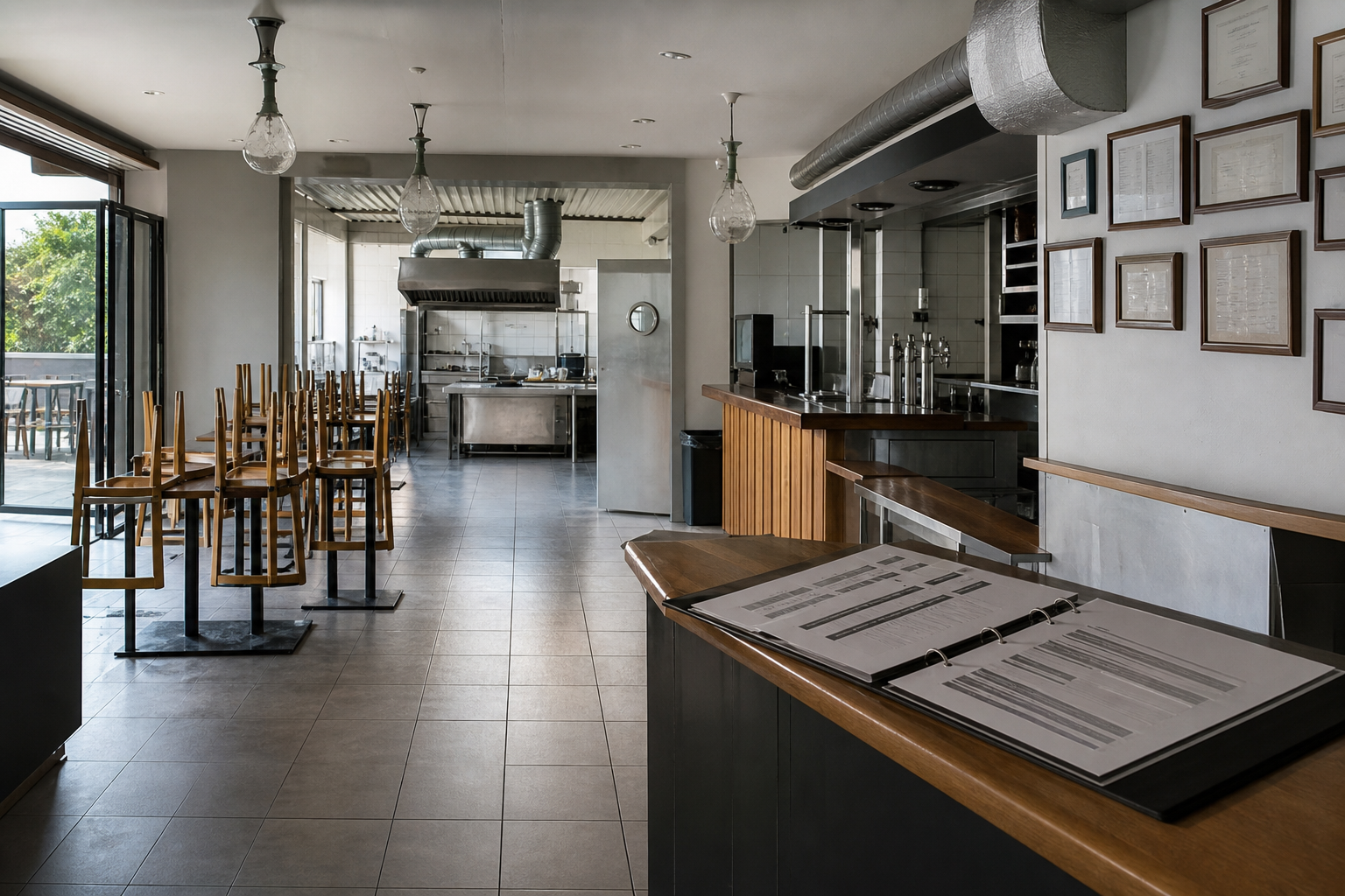Vue large d’un local CHR vide avec salle, accès terrasse et aperçu de cuisine inox, illustrant un bail commercial avant signature.
