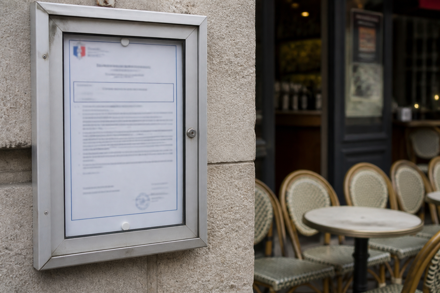 Gros plan sur une affiche réglementaire près d’un café à Lourdes, avec terrasse floue en arrière-plan.