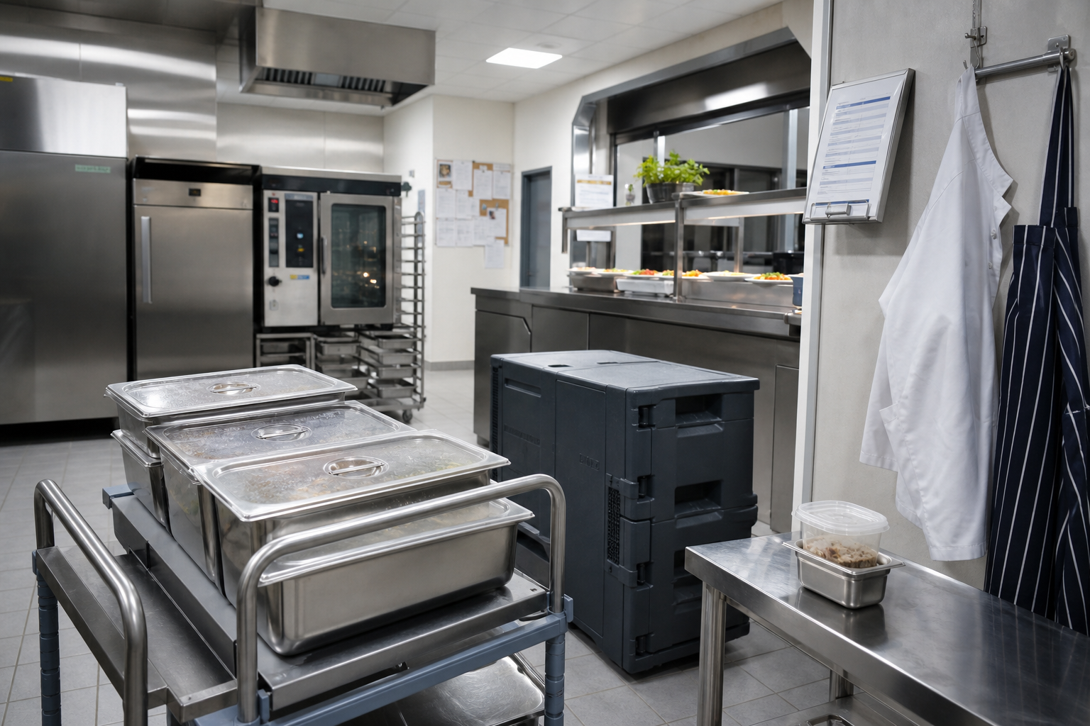 Cuisine centrale de restauration collective avec liaison froide et liaison chaude, conteneurs isothermes, inox, et poste satellite de service