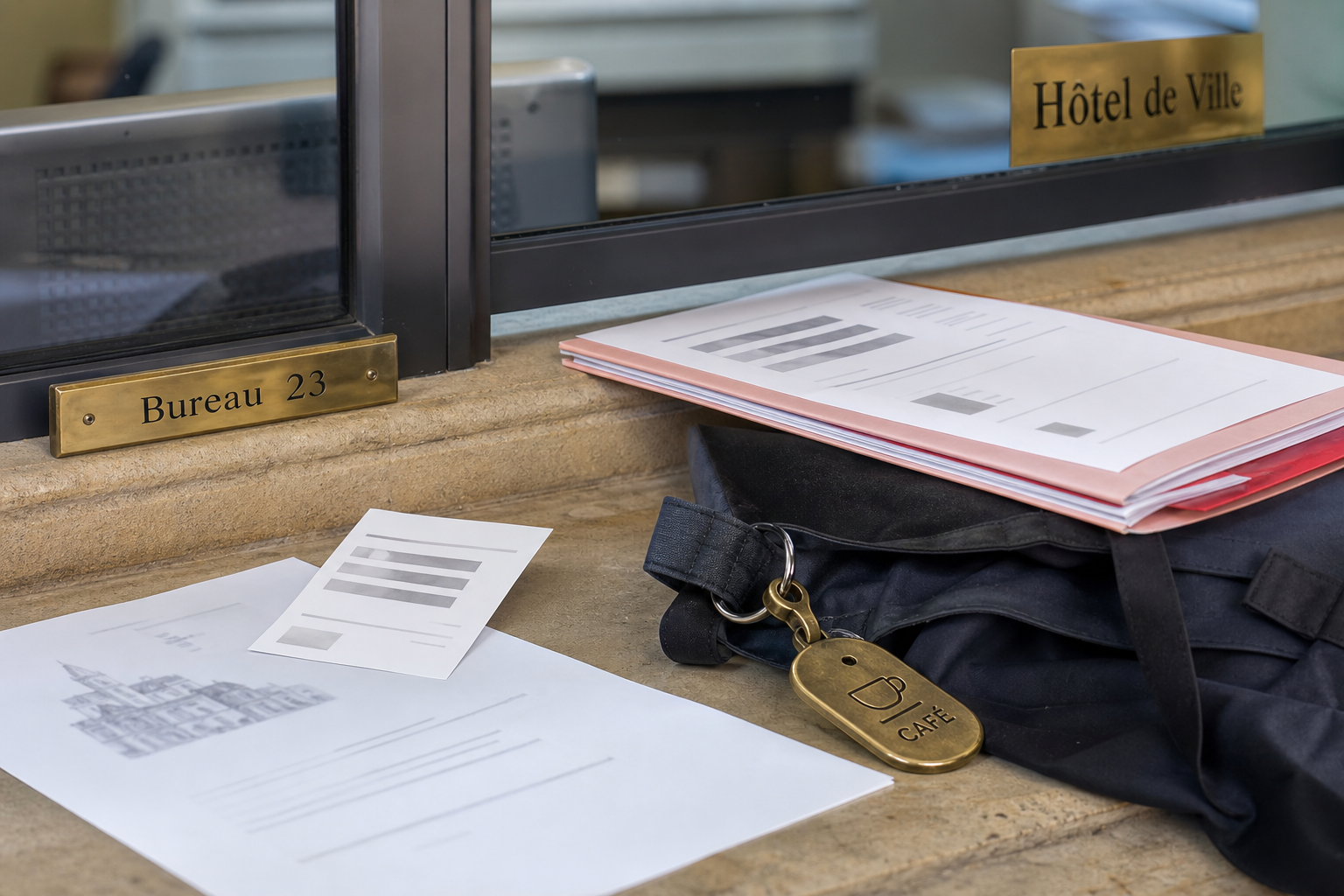Gros plan sur le bureau 23 d’une mairie avec dossier administratif et tablier de service évoquant l’ouverture d’un débit de boissons.