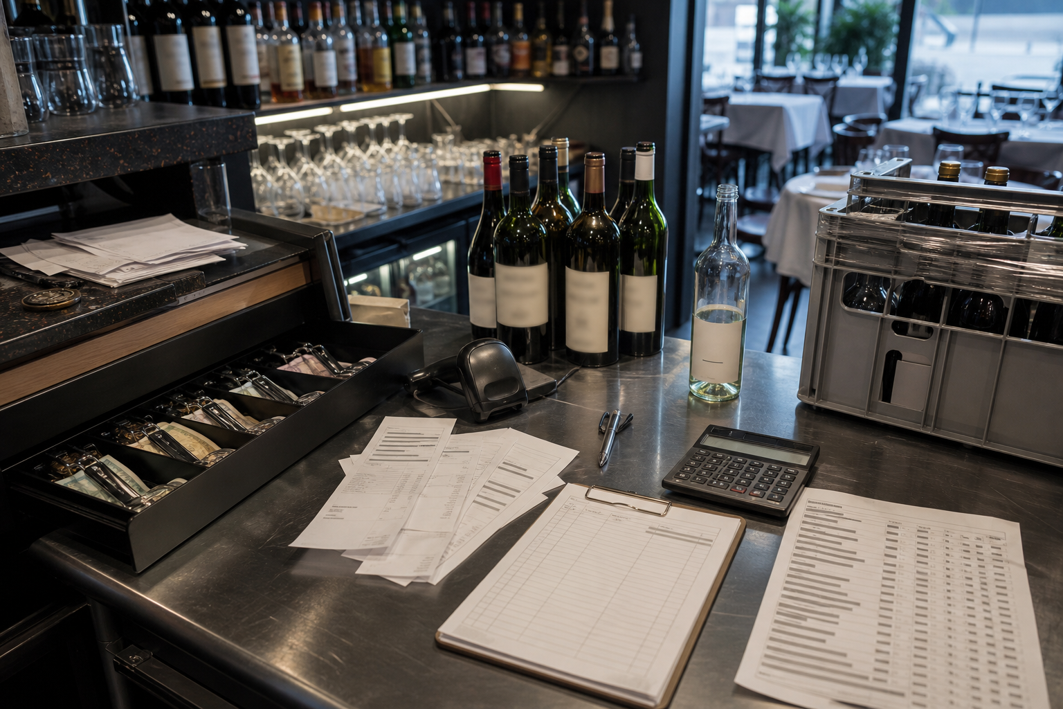 Vue documentaire d’un contrôle de caisse et de stock en bar-restaurant, avec bouteilles, calculatrice, reçus anonymisés et plan de travail inox.