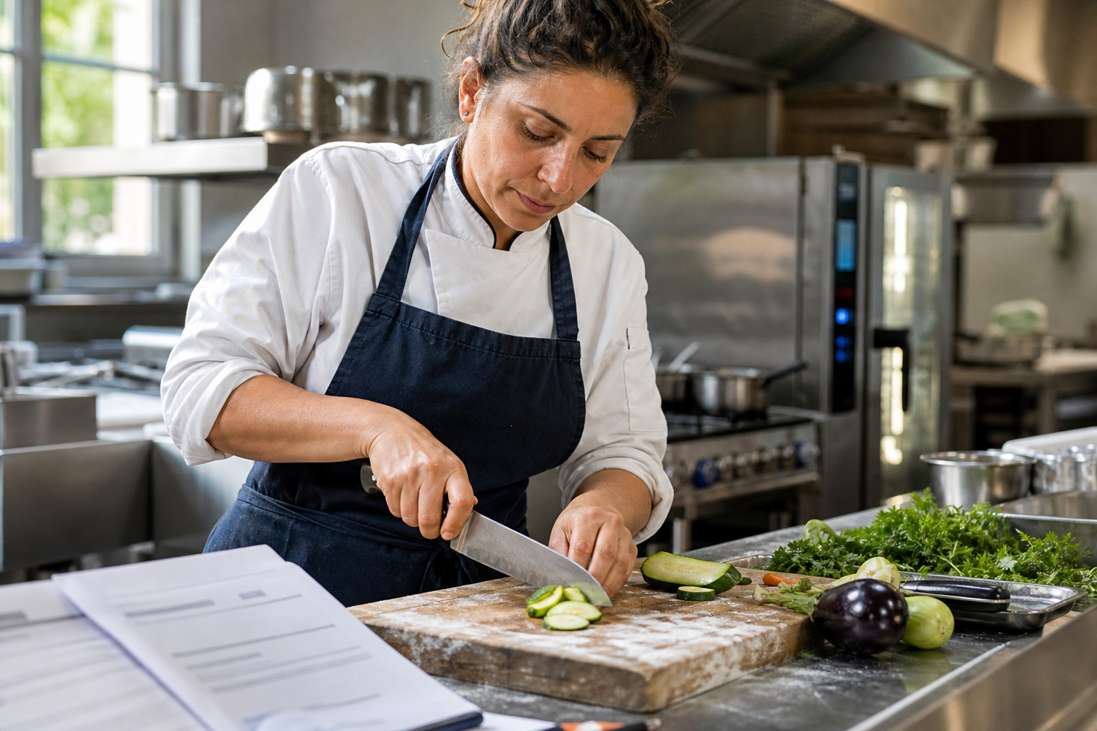 Un adulte en reconversion cuisine en train de préparer des ingrédients sur un plan de travail inox dans une cuisine professionnelle française