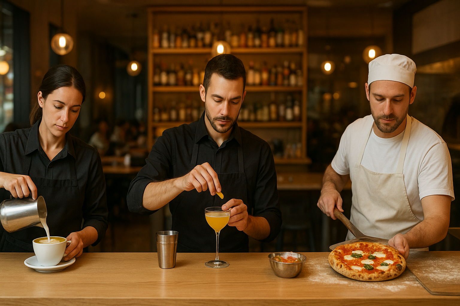 Barista réalisant un latte art, bartender préparant un cocktail et pizzaiolo sortant une pizza napolitaine dans un établissement CHR en France, image header pour un article sur les formations courtes de spécialisation en 2026.
