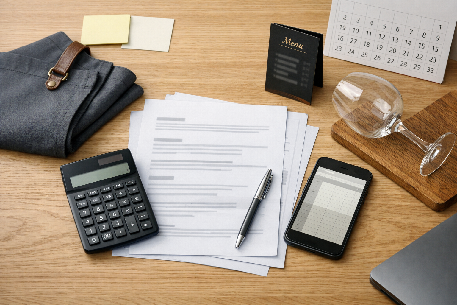 Vue plongeante d’un bureau CHR avec documents de taxe d’apprentissage, calculatrice, calendrier, accessoires de service et ancrage restaurant pour illustrer la taxe d’apprentissage 2026 et SOLTéA.