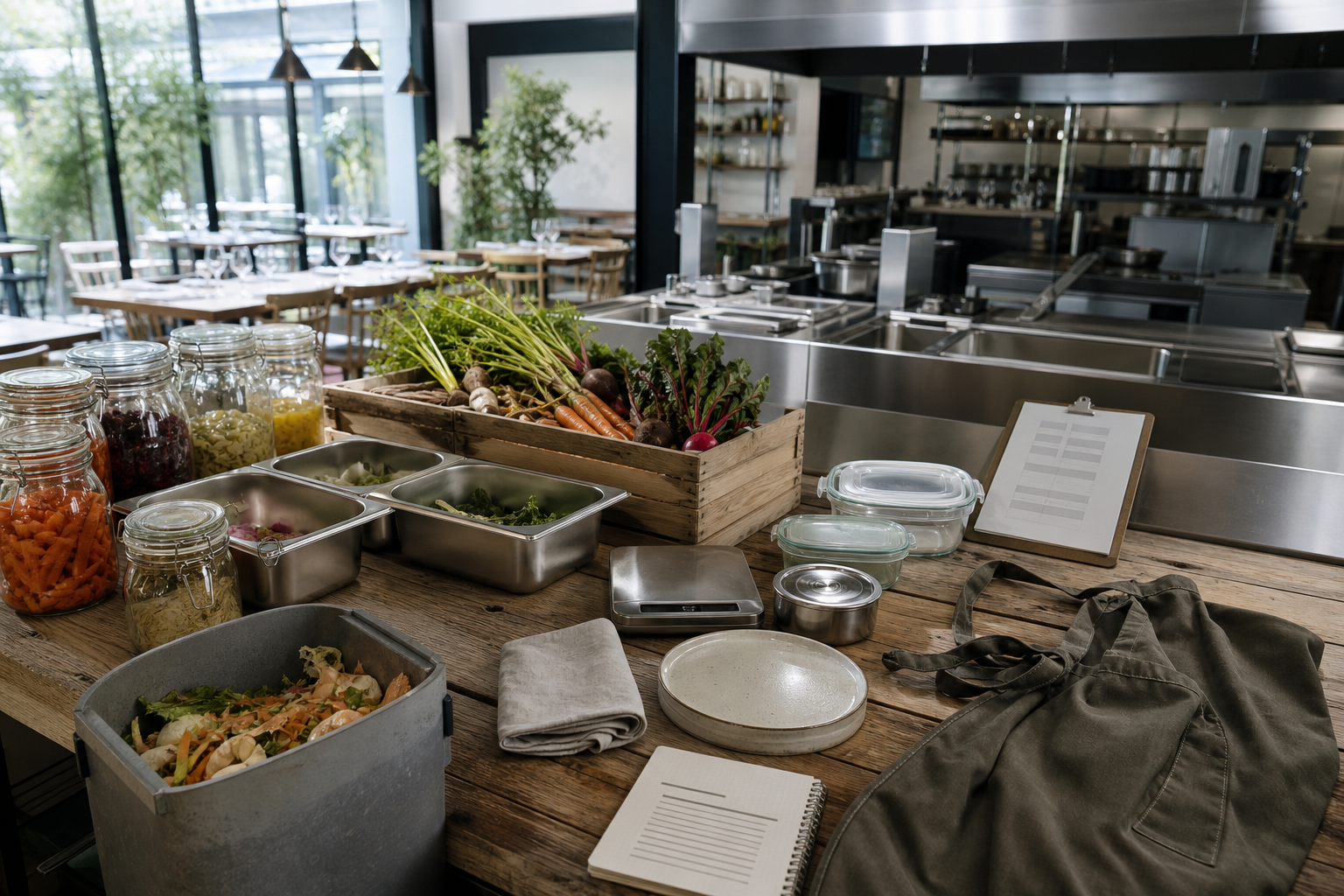 Vue large d’un restaurant zéro déchet avec cuisine professionnelle en inox, contenants réutilisables, légumes de saison, compost et tables dressées en arrière-plan.