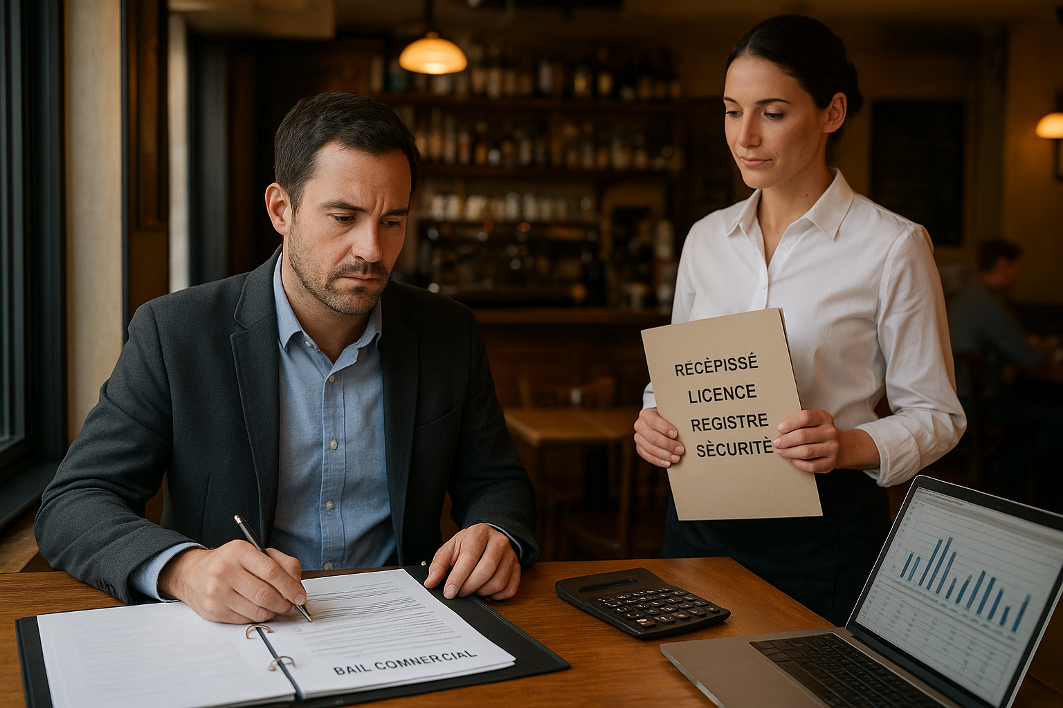 Repreneur de restaurant en brasserie française examinant une checklist et des documents de reprise avec un serveur, ambiance professionnelle CHR.
